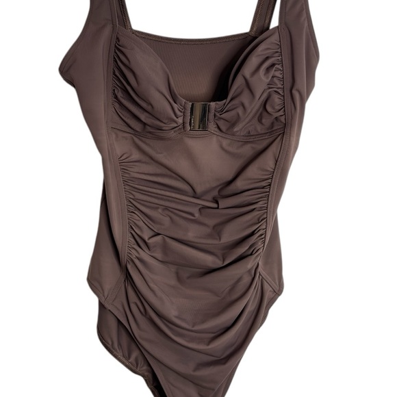 Calvin Klein Pleated One Piece Swimsuit Brown Slimming Size 10 Silver Logo Swim - Picture 8 of 14